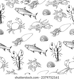 Pattern of sea animals. Drawing with black lines. Design for kitchen, market or packaging. Vector illustration