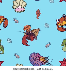 Pattern with sea animals. Vector flat background. Seamless pattern. Creative design with sea animals. Funny illustration for textile and fabric. Fashion style. Colorful picture. Vector image. 
