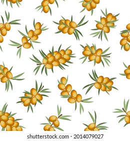 Pattern with sea buckthorn branches.Sea buckthorn branches on a white background in a color vector pattern.