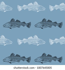 The Pattern Of Sea Cod Fish. Black And White Objects On A Blue Background. Vector Illustration