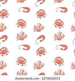 Patrón con cangrejos marinos, corales y gambas, ilustración vectorial de estilo plano.