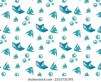 pattern of sea creature, bubble, and boat in blue palette