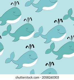 Pattern. Sea Creatures: Crabs, Beluga Whale, Orca Whale, Sperm Whale, Humpback Whale. Seamless Children's Patterns, All-Over Prints with Ocean Animals.
