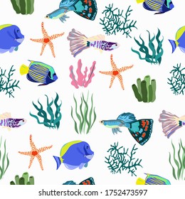 Pattern of sea fish and coral seamless on a white background