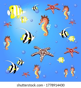 Pattern with sea fish, seahorses and starfish. Bright cartoon animals on a blue background