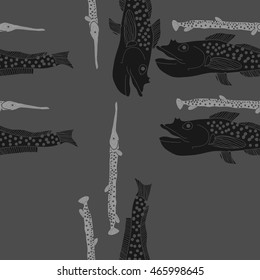 Pattern of sea,   hole, spots, fishes, doodles, seamless . Hand drawn.
