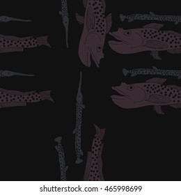 Pattern of sea,   hole, spots, fishes, doodles, seamless . Hand drawn.