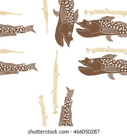 Pattern of sea,   hole, spots, fishes, doodles, seamless . Hand drawn.
