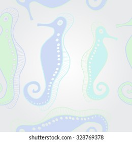 Pattern  of sea Horses, bagels, hole, spots,. Hand drawn.