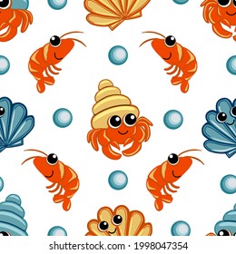 Pattern with sea inhabitants, shrimps, seashells and crayfish. For textiles and packaging