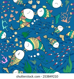 Pattern with sea life objects. Seamless pattern with fishes, corals, bubbles and heart. Sea life vector illustration. Cartoon style. Vector illustration.