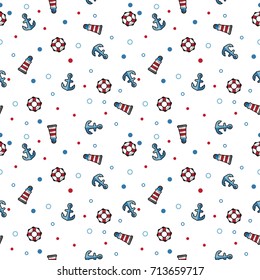 Pattern sea lighthouse, lifebuoy and anchor on white background. Illustration sea lighthouse, lifebuoy and anchor