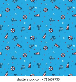Pattern sea lighthouse, lifebuoy and anchor on blue background. Illustration sea lighthouse, lifebuoy and anchor