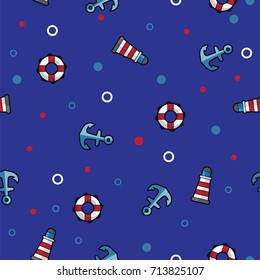 Pattern sea lighthouse, lifebuoy and anchor on dark blue background. Illustration sea lighthouse, lifebuoy and anchor