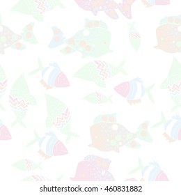 Pattern of  sea  motif, doodles,  spot,fishes,ellipses, zigzag,scale, seamless . Hand drawn.