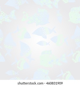 Pattern of  sea  motif, doodles,  spot,fishes,ellipses, zigzag,scale . Hand drawn.