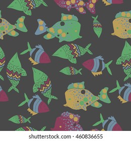 Pattern of  sea  motif, doodles,  spot,fishes,ellipses, zigzag,scale, seamless . Hand drawn.