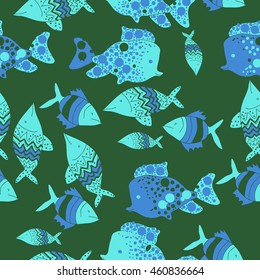 Pattern of  sea  motif, doodles,  spot,fishes,ellipses, zigzag,scale, seamless . Hand drawn.