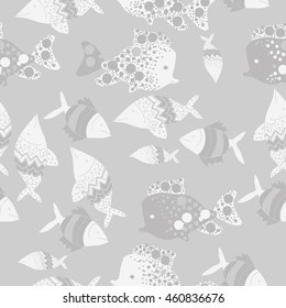 Pattern of  sea  motif, doodles,  spot,fishes,ellipses, zigzag,scale, seamless . Hand drawn.