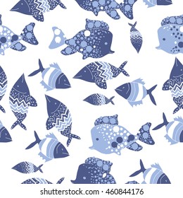 Pattern of  sea  motif, doodles,  spot,fishes,ellipses, zigzag,scale, seamless . Hand drawn.