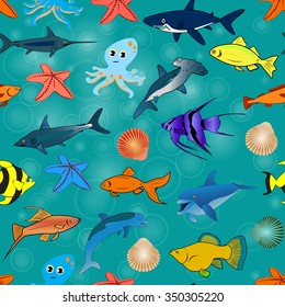 Pattern of sea and ocean fishes. Cartoon vector illustration.