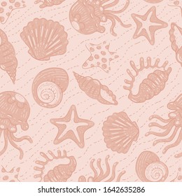 Pattern sea shells starfish and jellyfish pink vector ocean tropical animals cartoon flat seamless summer background.