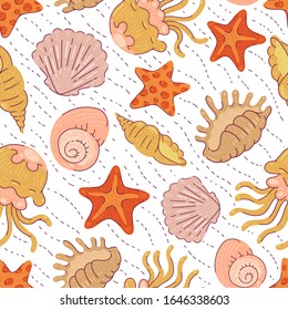 Pattern sea shells starfish and jellyfish vector ocean tropical animals cartoon flat seamless summer background.