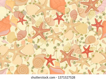 Pattern with sea stars, shells and seaweed. Seamless background with seashells for summer banner poster design - Vector illustration.