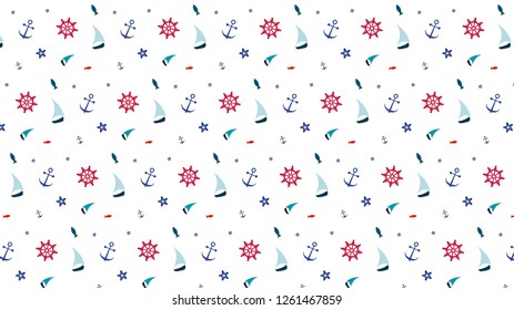 Pattern with sea theme and a shipboat, ship's wheel, sailboat and anchor