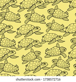 Pattern with sea turtles. Mom and baby. Design for children and adults. Inhabitants of the ocean, animals with shell. For packaging, textile, wallpaper. Isolate stock graphics