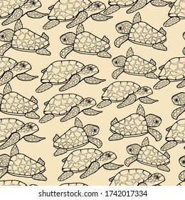 Pattern with sea turtles. Mom and baby. Design for children and adults. Inhabitants of the ocean, animals with shell. For packaging, textile, wallpaper. Isolate stock graphics