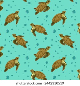 Pattern with sea turtles.Vector seamless pattern with sea turtles and bubbles on a colored background.