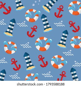 pattern sea under the sea concept anchor lighthouse swim ring illustration vector design