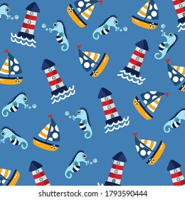 pattern sea under the sea concept sea horse sailing boat lighthouse illustration vector design