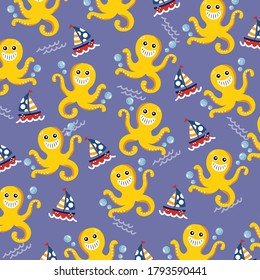 pattern sea under the sea concept octopus  sailing boat illustration vector design