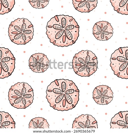 Pattern of Sea urchin sand dollar pink, orange. Colorful flat pattern with contours of sea shells. Fashionable sea seamless texture summer design, packaging, fabrics, wallpaper, branding, packaging