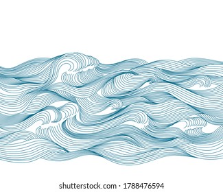 Pattern sea, waves, water. Hand drawing by line. Isolated on white background