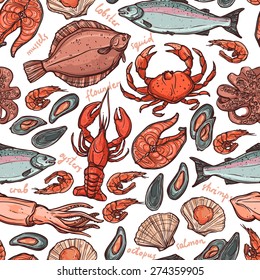 Pattern with seafood hand drawn color elements with lobster, octopus, squid, salmon, flounder, crab, mussels, oysters and shrimps on white background