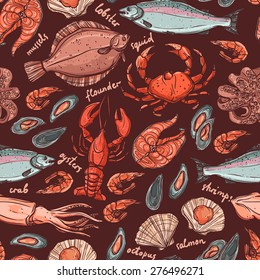 Pattern with seafood hand drawn color elements on dark background with lobster, octopus, squid, salmon, flounder, crab, mussels, oysters and shrimps