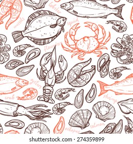 Pattern with seafood hand drawn elements with lobster, octopus, squid, salmon, flounder, crab, mussels, oysters and shrimps on white background