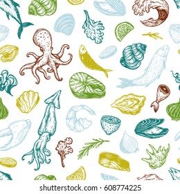 Pattern with seafood products. Different types of fish (salmon, tuna, sardine), mollusk (mussels, oysters) and other underwater creatures.