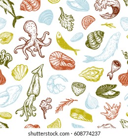 Pattern with seafood products. Different types of fish (salmon, tuna, sardine), mollusk (mussels, oysters) and other underwater creatures.