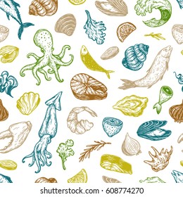 Pattern with seafood products. Different types of fish (salmon, tuna, sardine), mollusk (mussels, oysters) and other underwater creatures.