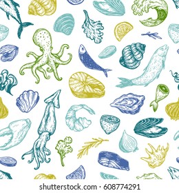 Pattern with seafood products. Different types of fish (salmon, tuna, sardine), mollusk (mussels, oysters) and other underwater creatures.