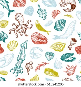 Pattern with seafood products. Different types of fish (salmon, tuna, sardine), mollusk (mussels, oysters) and other underwater creatures.
