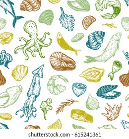 Pattern with seafood products. Different types of fish (salmon, tuna, sardine), mollusk (mussels, oysters) and other underwater creatures.