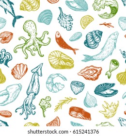Pattern with seafood products. Different types of fish (salmon, tuna, sardine), mollusk (mussels, oysters) and other underwater creatures.