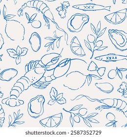 Pattern of seafood: shrimps, oysters, lobster, lemons, and olives. Mediterranean Dolce Vita-style vintage illustrations for food, suitable for restaurant and marine cafe menus. Doodles print