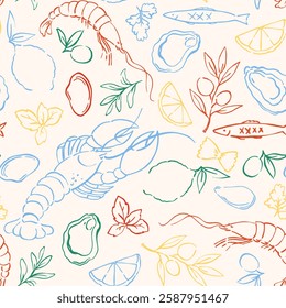 Pattern of seafood: shrimps, oysters, lobster, lemons, and olives. Mediterranean Dolce Vita-style vintage illustrations for food, suitable for restaurant and marine cafe menus. Doodles print