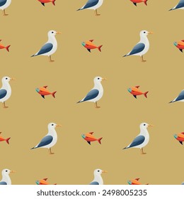 A pattern of seagulls and fish on a yellow background. The seagulls are in various positions, some are standing and others are flying. The fish are scattered throughout the pattern